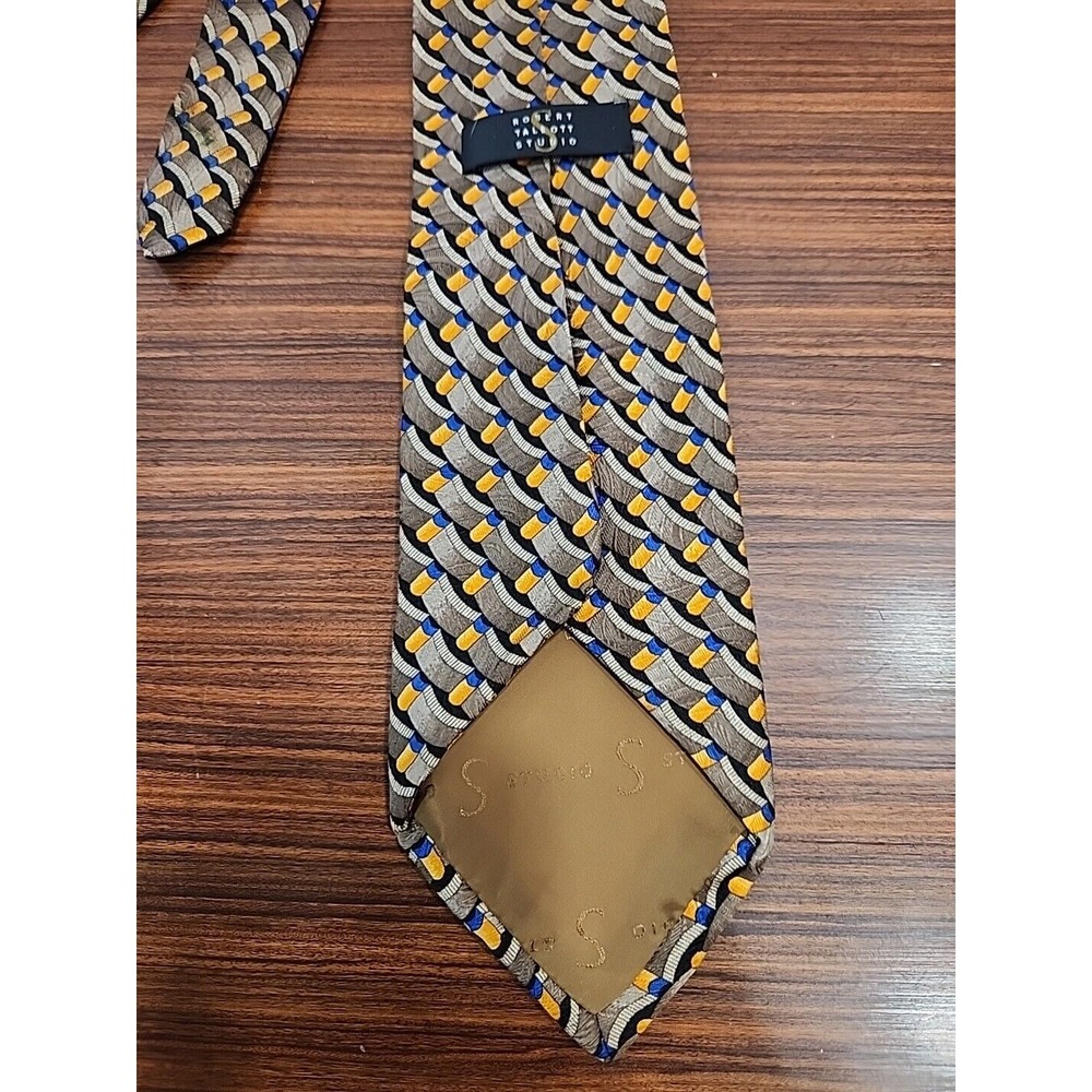 ROBERT TALBOTT‎ Studio Mens 100% Silk Necktie USA Designer Geometric Brown Blue - Picture 2 of 5